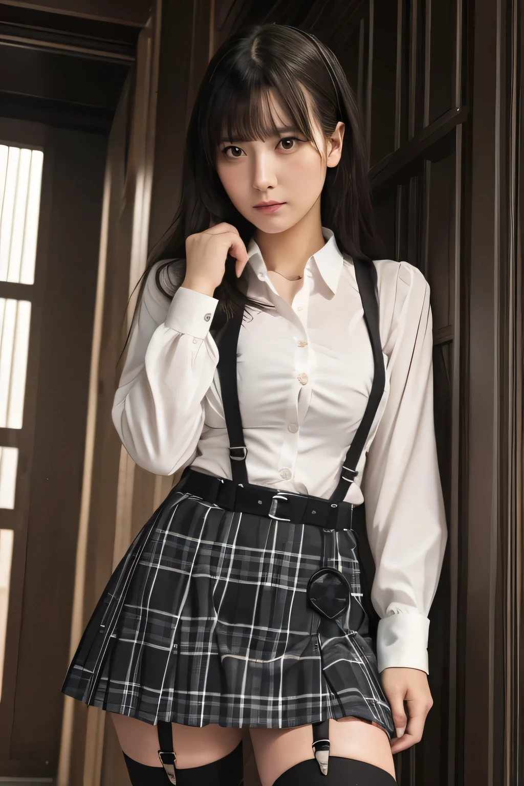 1 female, , high quality, masterpiece, Ultra-high resolution, Cinema Lighting, 1 female, , high quality, masterpiece, Ultra-high resolution, , Cinema Lighting, suspenders　　　Moderate breasts　 　 　　　　　 　　　　Small face　 　　　　　　　　　　　Looking up　　　　Sweat 　　　Thin belt　buzzer　脇Sweat 　　　　 　Garter belt　　Belt on pants　　holster　 　　Hands behind your back　 　Looking up　Anxious face　Knee-high　Knee socks　Knee-highソックス 　garter　ふとももにGarter belt　Checkered mini skirt　 　　Panty shot　Skirt gap Armament　　　Leg holster　holster 　　Hands behind your back　 Anxious expression　　Anxious face, legs apart　Armament　　Leg holster　holster　See-through clothing　heavy rain　Rain-soaked dress shirt, Black mask