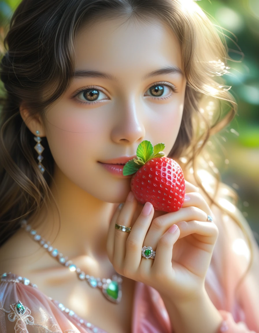 スコア_9, スコア_8_上, スコア_7_上,Young beautiful woman wearing beautiful detailed jewelry ring with strawberry shaped gemstone, photorealistic, high quality, vibrant colors, natural lighting, intricate details, glass-like shine, precious gemstone, luxury, 8k, detailed texture, masterpiece