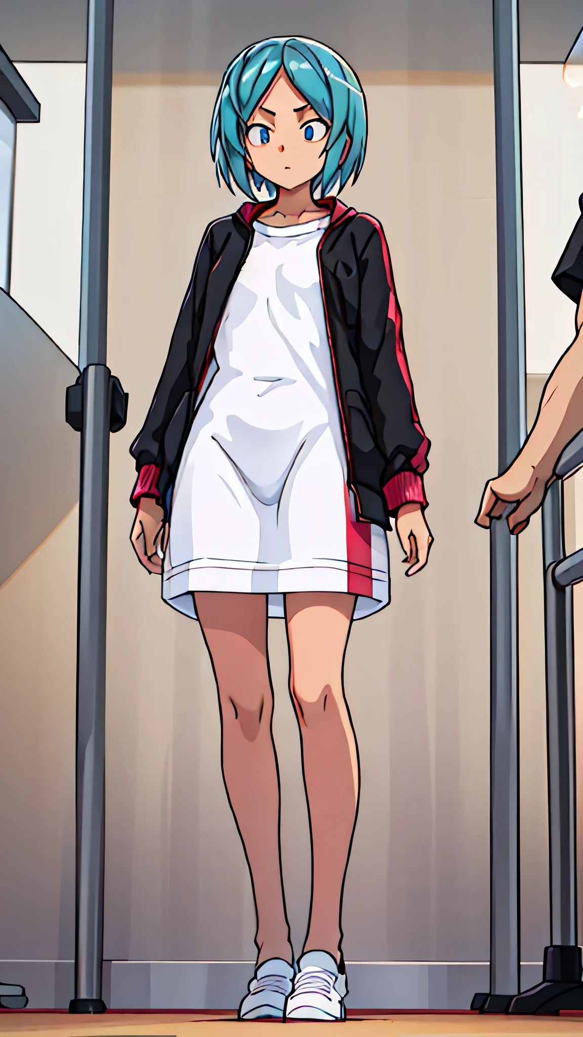 A girl, , thin, Small breasts, men's clothes, standing and looking straight ahead, with a fearful expression, full body image