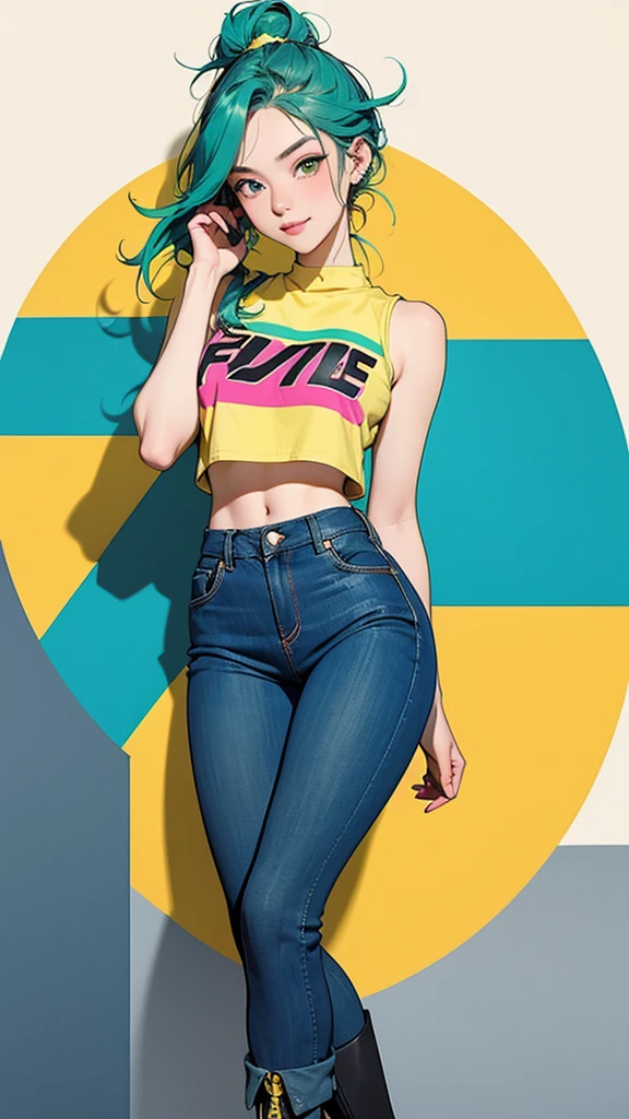 Detailed illustration in anime style. A young woman with a confident, slightly smirking expression. She is looking straight ahead with a focused gaze. She has bright green hair tied up in two buns with side strands. She wears a unique blue outfit with neon green and yellow accents. The top is a sleeveless crop top with a geometric pattern that exposes her stomach. The pants are form-fitting, with a matching pattern and knee-length green and yellow patches. Blue boots with green soles. She is posed with her right hand resting on her left hip and the other hand raised, fingers lightly touching her cheek. Her body posture is relaxed but confident, with one leg slightly bent and the other leg stretched out. The overall look is bold and stylish, featuring fine details in the clothing and a vibrant color scheme.