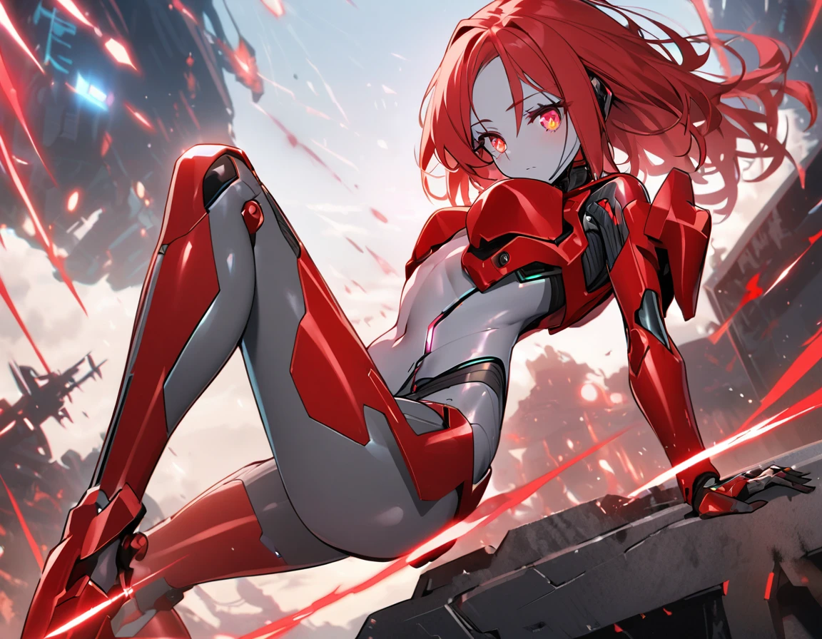 science fiction, android girl(metallic skin, cyber joint, coating red hair, red flash eyes, red armor legs)