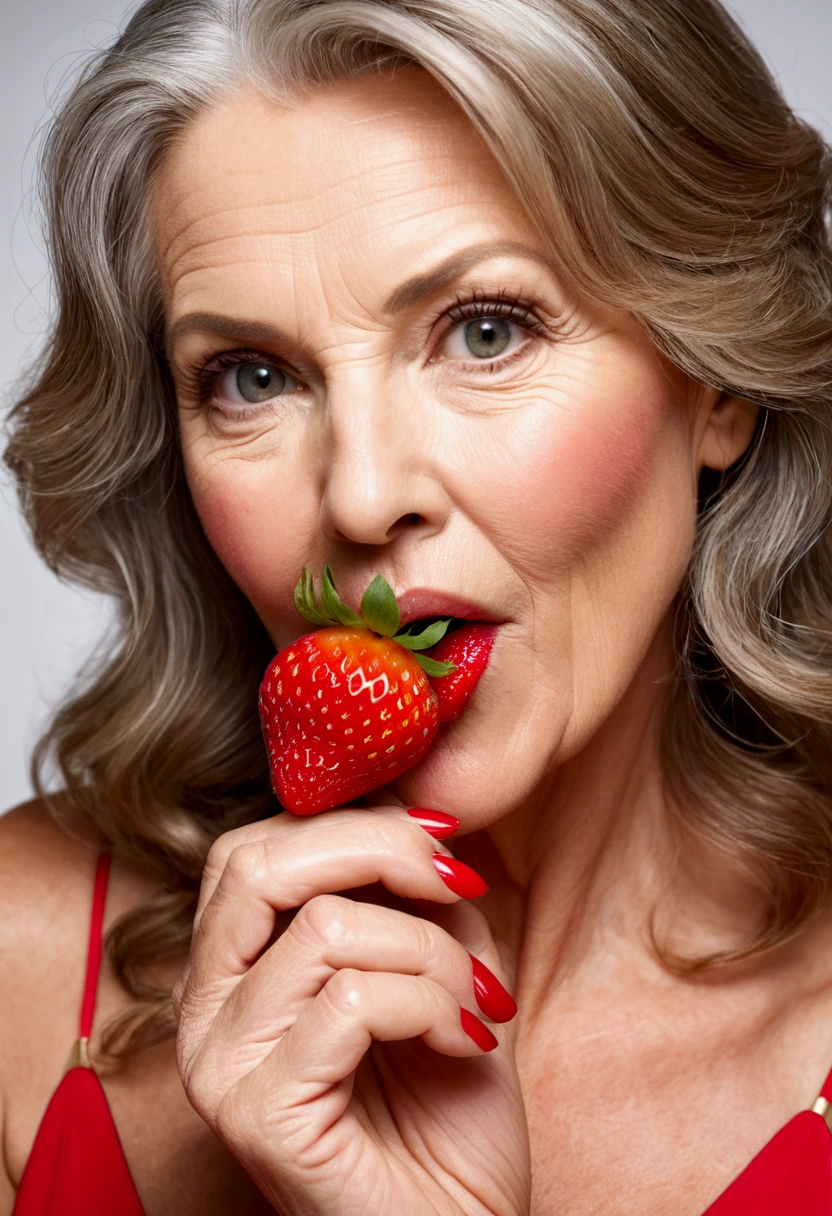 Beautiful mature woman holding a strawberry between her lips