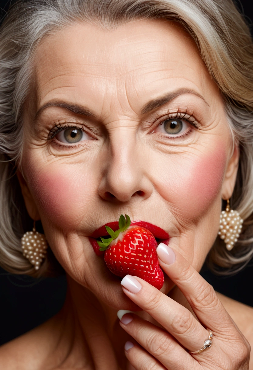 Beautiful mature woman holding a strawberry between her lips