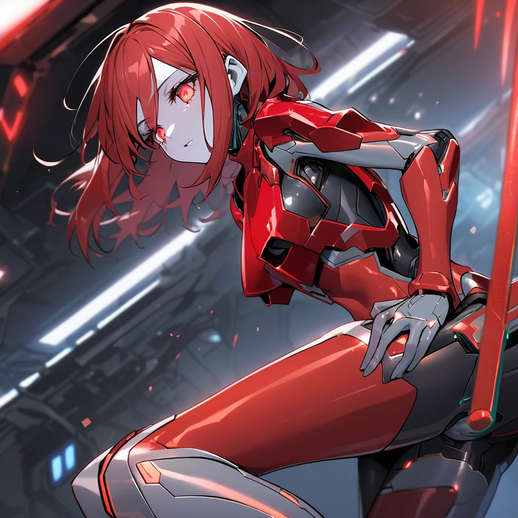 science fiction, android girl(metallic skin, cyber joint, coating red hair, red flash eyes, red armor legs)