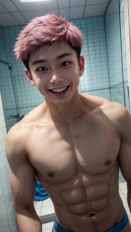 Japanese men、、Underdeveloped muscles and smooth skin、The whole body is visible、White and blue thin boxer briefs、Open mouth smile、Posing in the bathroom、Short pink hair with undercut、