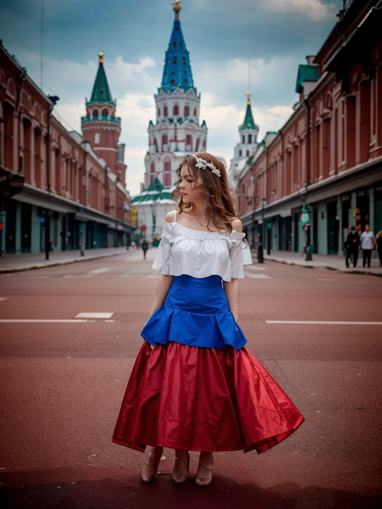  in a white-blue-red dress stands against the backdrop of Moscow&#39;s Red Square. summer. a high resolution. Primary colors: WHITE, BLUE, red.