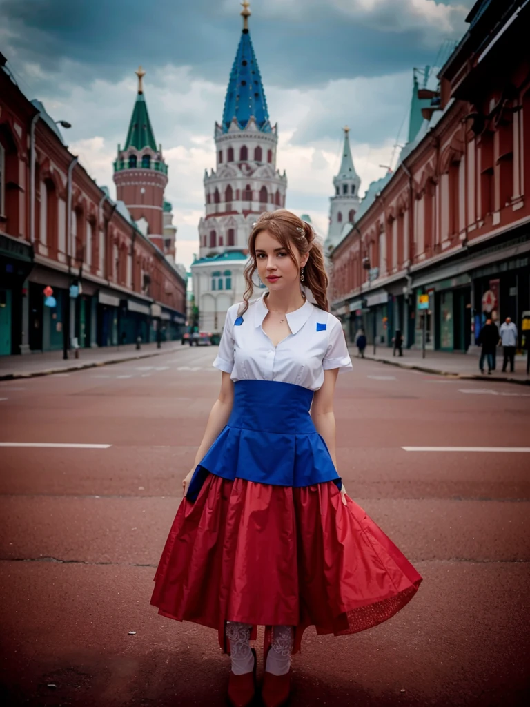  in a white-blue-red dress stands against the backdrop of Moscow&#39;s Red Square. summer. a high resolution. Primary colors: WHITE, BLUE, red.