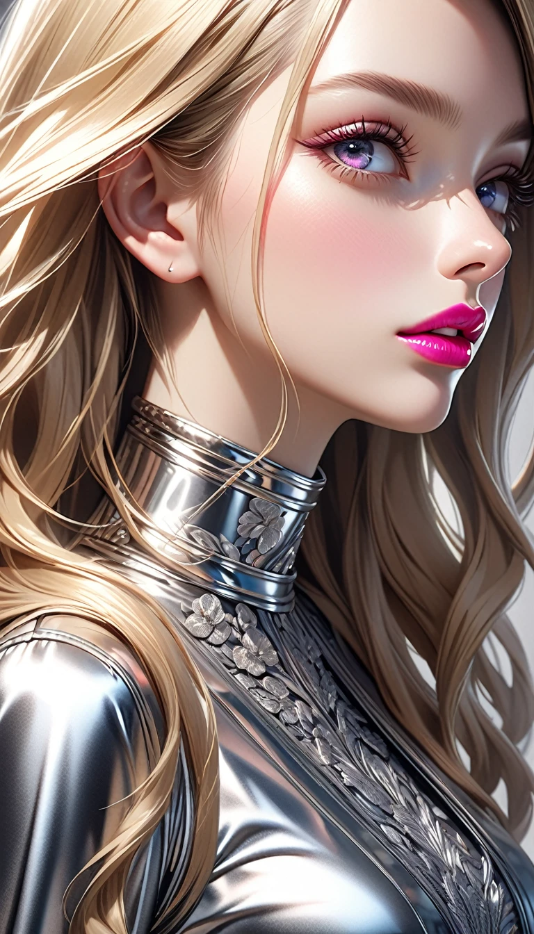 a stylish girl, long blonde hair, beautiful detailed eyes, beautiful detailed lips, extremely detailed face, long eyelashes, glossy lips surface, vibrant pink lips, shiny silver tight dress, photorealistic, 8k, (best quality:1.2), hyper detailed, (realistic:1.37), elegant, chic, modern, studio lighting, cinematic,