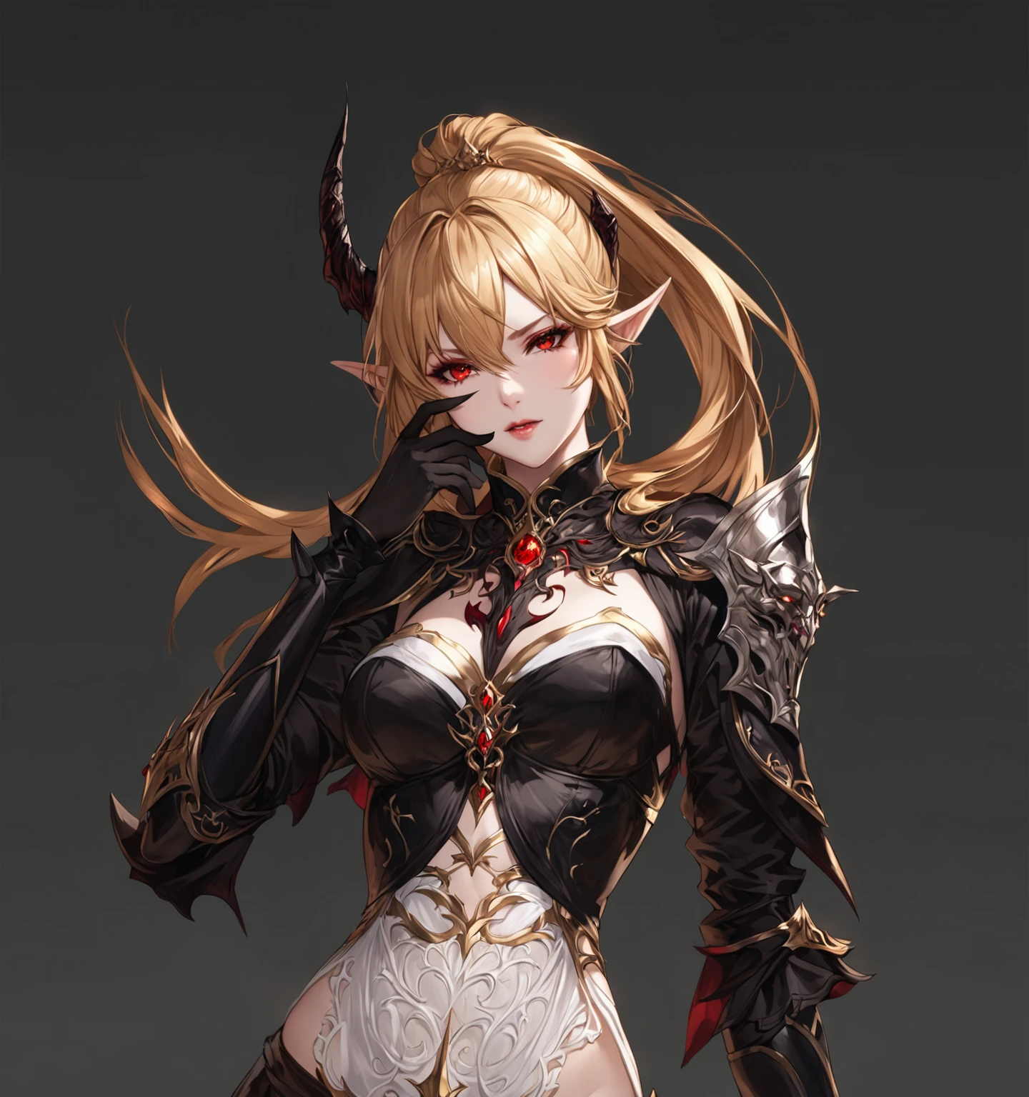 masterpiece, best quality, good quality, Highly detailed, shadowverse style, female, elf, golden hair, red eyes, demonic