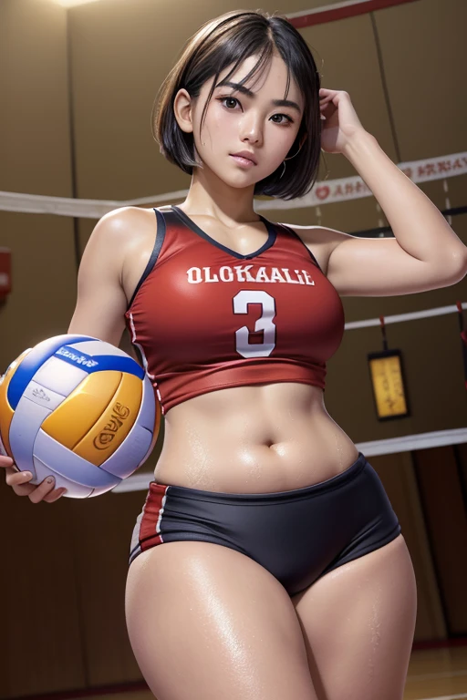 (masterpiece:1.2,Highest quality,Ultra-high resolution,Very detailed:1.2),((Volleyball Player))，(Photorealistic Stick:1.5),(RAW Photos:1.5),Elaborate photos,8k,((Sweaty 1.5)),Cinema Lighting,(Plump thighs),(Sophisticated lighting:1.2),((Shiny skin 1.4)),(1 female),(Young Japanese Woman),(Oblique angle:1.4),(Short Bob:1.4),(Before a volleyball match),(Red Sleeveless Pichi Pichi 1.2),(Black shorts),(Thick thighs 1.2),(Beautiful Face,Detailed face,,Beautiful Eyes,Beautiful Eyes,Beautiful Skin,Skin Texture:1.3),(sexy),(Beautiful),(Idol Face),(Japanese_Sweaty),(Holding a volleyball:1.6),(Gymnasium background:1.5),（Volleyball court）