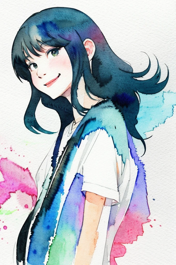 (Watercolor \(Moderate\):1.25),Abstract,With a girl、Jito order 1 girl, Long Hair, Black Hair, smile