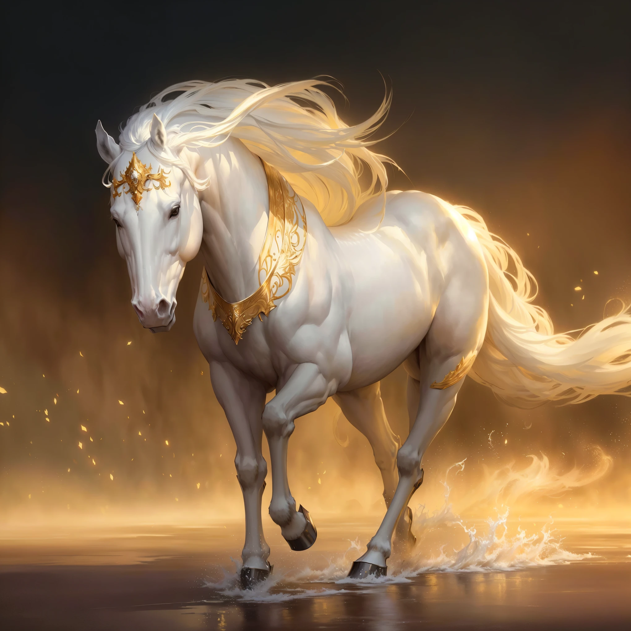 painting of a White Horse with a golden crown running in the water, A silvery white painting, author:by Cynthia Sheppard (Cynthia Sheppard), Concept Art Magic Highlights, an all White Horse, beautiful serene horse, White Horse, White unicorn, author:Yang J, inspired author:by Cynthia Sheppard (Cynthia Sheppard), beautiful horse, fantasy art behance, Gorgeous numbers, Elegant Numbers, Realistic fantasy illustrations