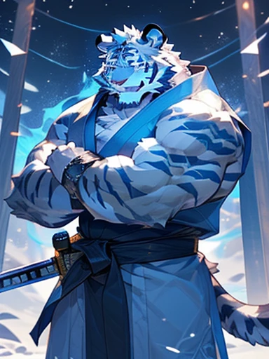 (Masterpiece), very detailed, 8k, (best quality), white tiger, (((white fur)), tall and strong, strong muscles, ((holding a sword)), cyan Hanfu, martial arts style, confident smile, snowy forest night background,blue flame,clear eyes quality,blue eyes,white eyesball,looks at the audience,little big eyes