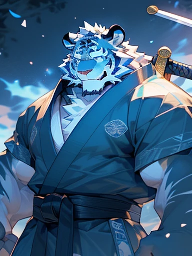 (Masterpiece), very detailed, 8k, (best quality), white tiger, (((white fur)), tall and strong, strong muscles, ((holding a sword)), cyan Hanfu, martial arts style, confident smile, snowy forest night background,blue flame,clear eyes quality,blue eyes,white eyesball,looks at the audience,little big eyes