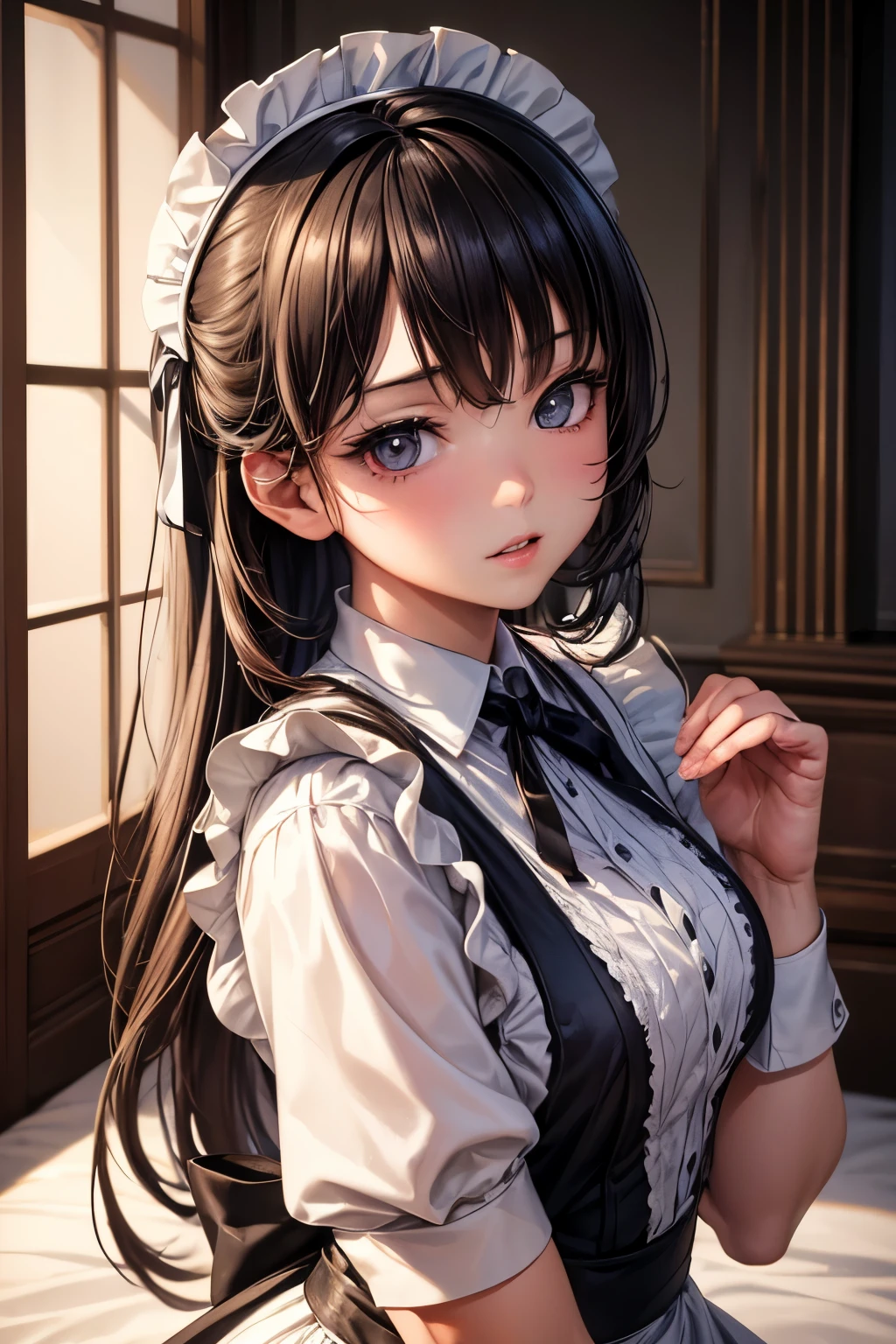(8k, raw photo, masterpiece, extremely detailed, best quality, professional lighting, high res), beautiful and adorable girl, close up model, maid girl, old mansion, mysterious girl, eyecontact, working maid, 17 years old