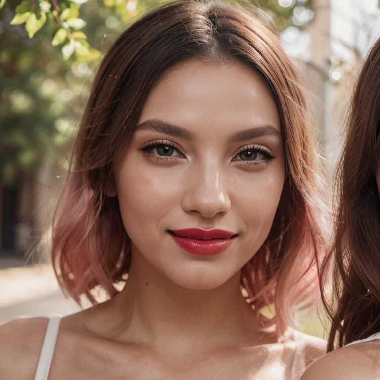Close-up photo of 3 extremely beautiful girls. Photo taken with Canon EOS R5 85mm f/11 Camera, ((sharp)) mode of people and surrounding scenery. Image quality ((8K)), ((lifelike)), ((masterpiece)), ((sharp and highest contrast)), ((great depth of field)), ((light stereolithography)). ((Pink hair)), ((high-end cosmetic makeup)), ((bright, radiant smile)), ((brilliant glossy red lipstick)), ((Ivory, white skin bright)), detailed pores, (( glossy skin)), ((Light shining directly on their faces)), bright sunlight.