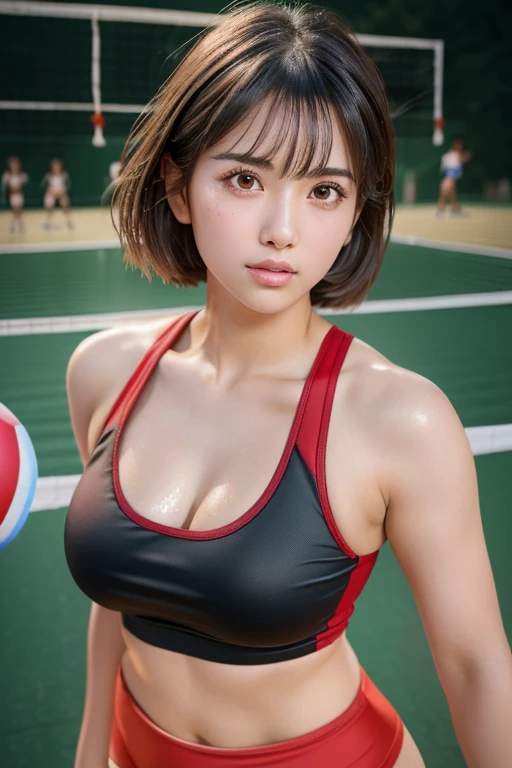 (masterpiece:1.2,Highest quality,Ultra-high resolution,Very detailed:1.2),((Volleyball Player)),(Photorealistic Stick:1.5),(RAW Photos:1.5),Elaborate photos,8k,((Sweaty 1.5)),Cinema Lighting,(Plump thighs),(Sophisticated lighting:1.2),((Shiny skin 1.4)),(1 female),(Young Japanese Woman),(Oblique angle:1.4),(Short Bob:1.4),(Before a volleyball match),(Red Sleeveless Pichi Pichi 1.2),(Black shorts),(Thick thighs 1.2),(Beautiful Face,Detailed face,,Beautiful Eyes,Beautiful Eyes,Beautiful Skin,Skin Texture:1.3),(sexy),(Beautiful),(Idol Face),(Japanese_Sweaty),(Holding a volleyball:1.6),(Gymnasium background:1.5),(Volleyball court)