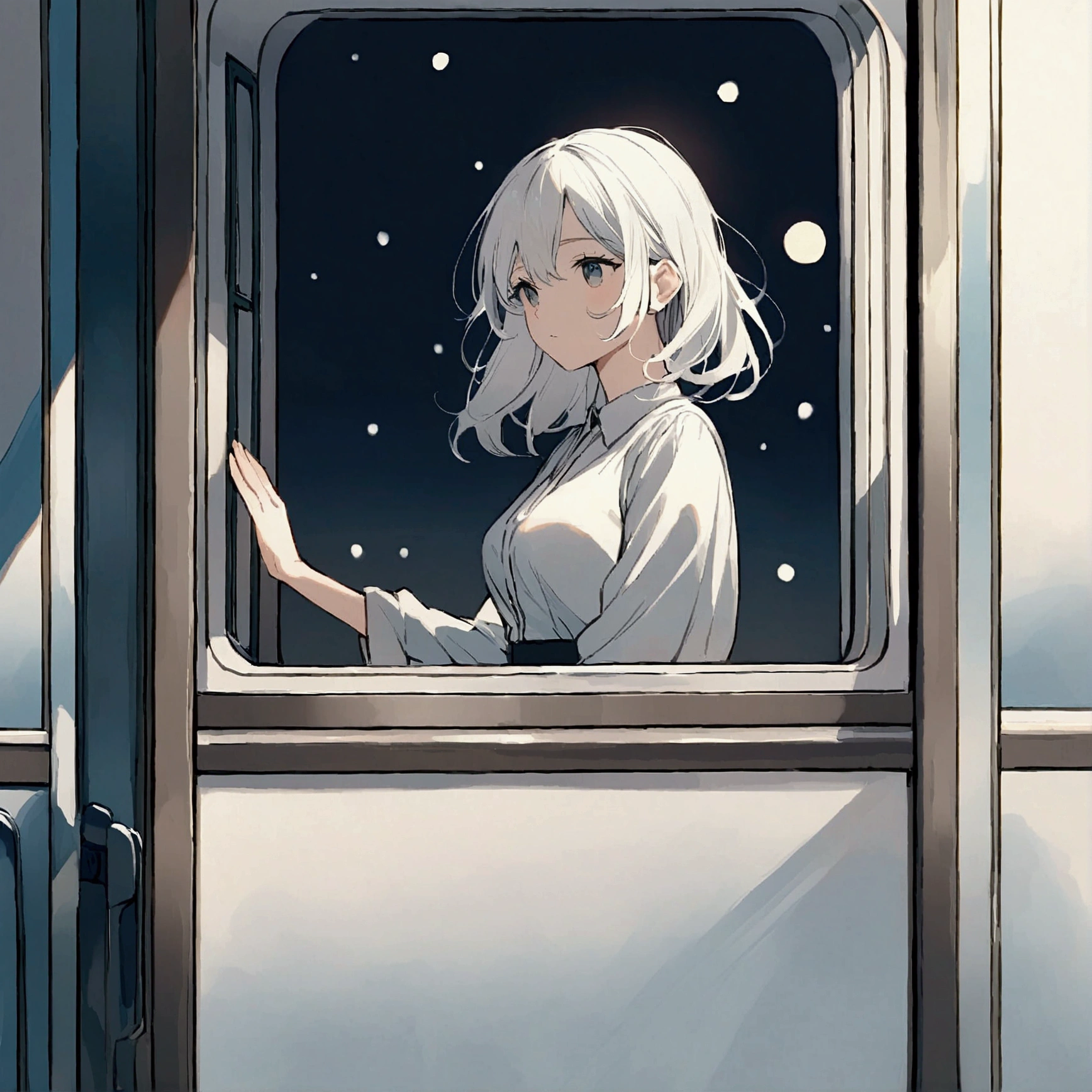 A woman riding alone on a train waving from the window Nostalgic Farewell Simple White flowers