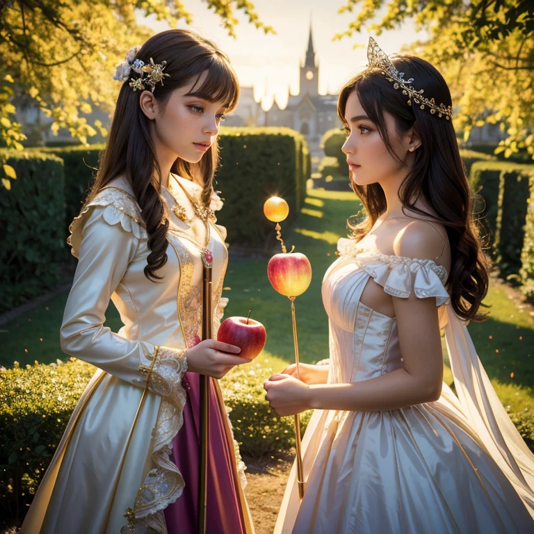 (​masterpiece, best quality:1.5), highest quality, High resolution, super detailed, Realists, Upper body photo of a brunette young magical girl, detailed and beautiful eyes, beautiful detailed lips, very detailed eyes and face, longeyelashes, shiny satin dress, Holding a magic wand in your hand, Cast a transformation spell, With her stick she turns apples into balloons, Glowing wands available,Beautiful and colorful makeup, elegant and noble々The jewelry bag, Gardens as background, soft daylight, bright colors, fine brushstrokes, Portrait style, Silk dress fabric, beautiful color palette, glowing skin, First-class rendering, that captures every detail, enchanting atmosphere, subtle shadows and lights, (perfect anatomy:1.2), (The two stunning magical girls turn apples into balloons. (a transformation with the magic wand:1.4), (magnificent panorama view:1.2)