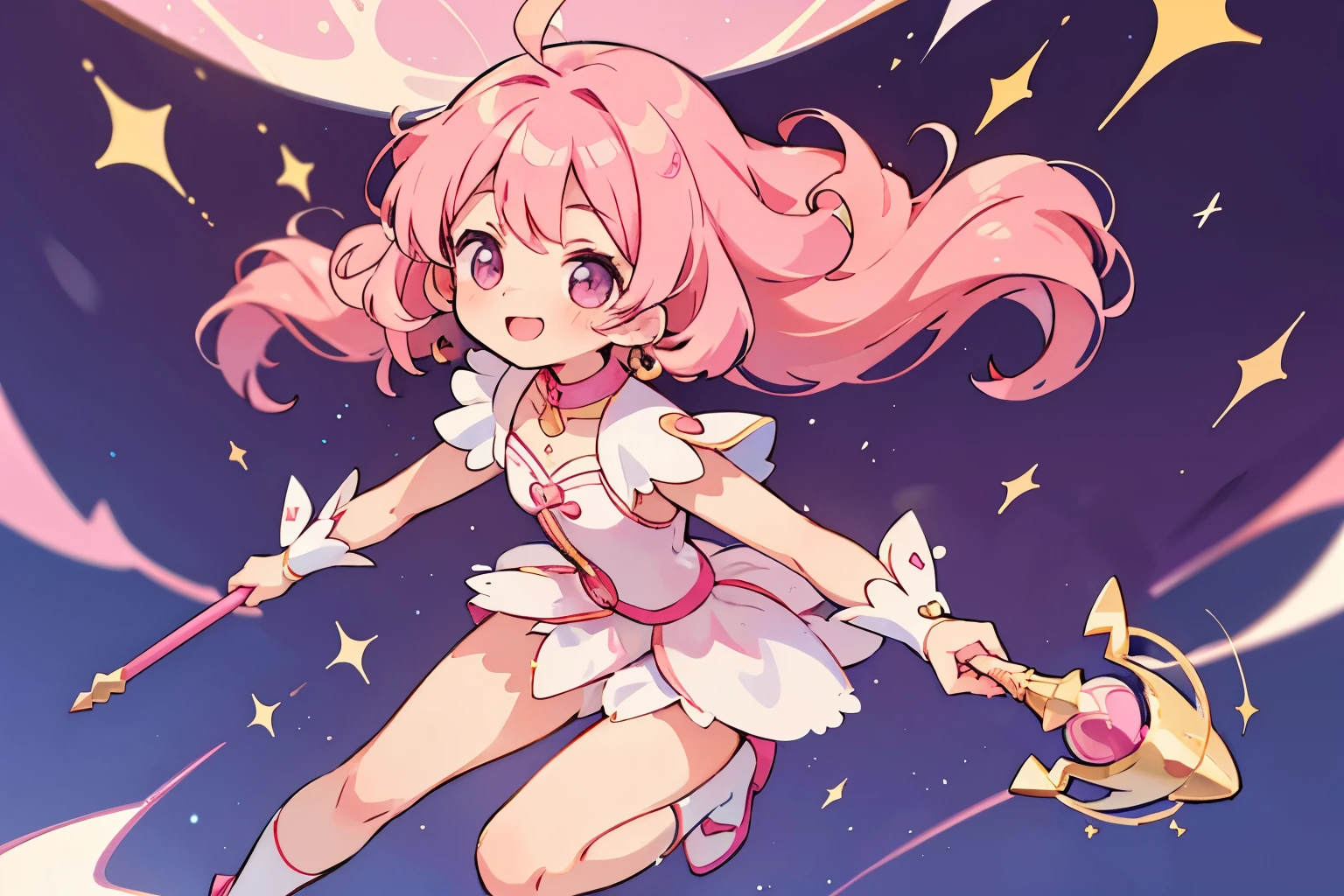 Perfect body,Full Arms,Full legs,Full face,One Girl,alone,Magical girl,Pink Hair,Curly Hair,Front facing,Baton pointed towards me,Straight Baton,smile