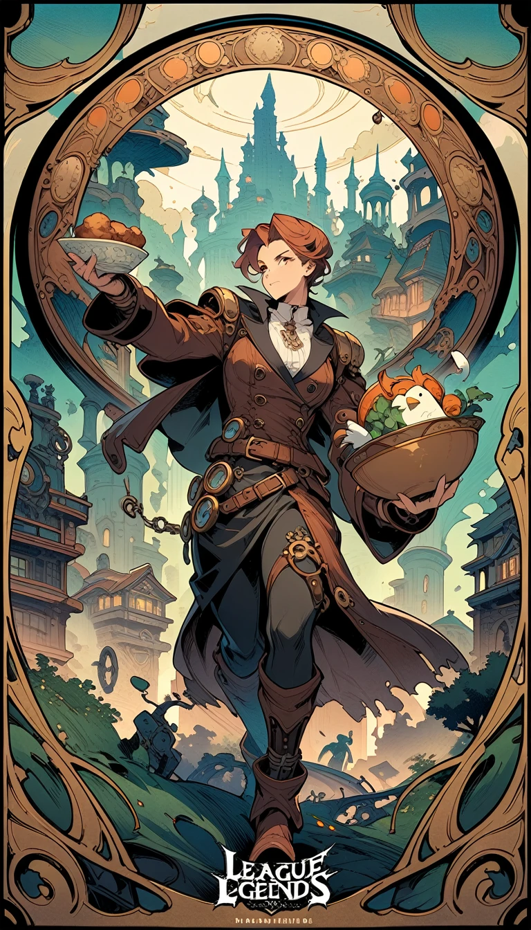 ((best quality)) , ((masterpiece)) , (detailed),a cartoon chicken dressed as an astronaut, holding bowl of food in his hand and flying over the city with some characters running away from him, league of legends splash art,(art nouveau style , elegant, decorative, curvilinear forms, nature-inspired, ornate, detailed),(steampunk style . antique, mechanical, brass and copper tones, gears, intricate, detailed)