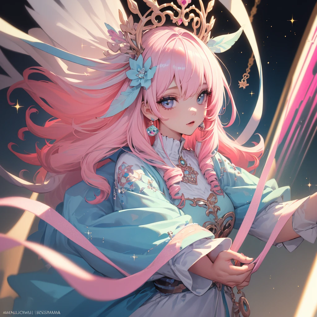 (Best Quality:1.3),4K,8K,8K Portrait,16 K,(masutepiece:1.2),1girl in,Solo,(maximalism:1.5),opal,ultra-detailliert,absurderes,(very detailed beautiful face and eyes:1.3),
(Highly detailed beautiful hair:1.3),delicate composition,(full-length figure:1.5),
Super cute girl,(long curly Hair:1.4), light Pink eyes,light blue  eyes, light purple eyes,(white blonde hair:1.7),(Pink hair:1.5),(Light blue hair:1.4),(,(Jewelry Hair Ornaments:1.3),
(jewelry eyes:1.3),(Eyelashes:1.2),(symbol in eyes:1.3),(hight resolution, Twinkle,Glitter,Lens Flare,light Particle,Shining:1.3),(Cute:1.5),(clear face:1.5),(closer to viewer:1.5)
