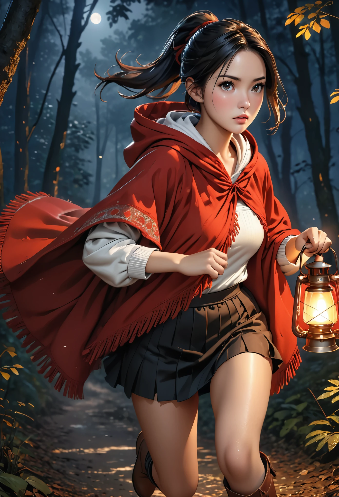 (young woman:1.5), (red poncho with hood, brown boots, white top and black skirt), long black hair with ponytail, brown eyes, (anxious), detailed skin texture, (realistic skin pores, skin impurities:1.4), running in a forest by night, she holds a lantern in her right hand, 24k resolution, highly detailed, (natural front light:0.5), (full body shot:1.3), (realistic style:1.5)