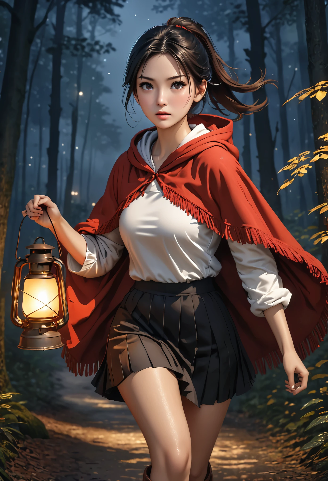 (young woman:1.5), (red poncho with hood, brown boots, white top and black skirt), long black hair with ponytail, brown eyes, (anxious), detailed skin texture, (realistic skin pores, skin impurities:1.4), running in a forest by night, she holds a lantern in her right hand, 24k resolution, highly detailed, (natural front light:0.5), (full body shot:1.3), (realistic style:1.5)