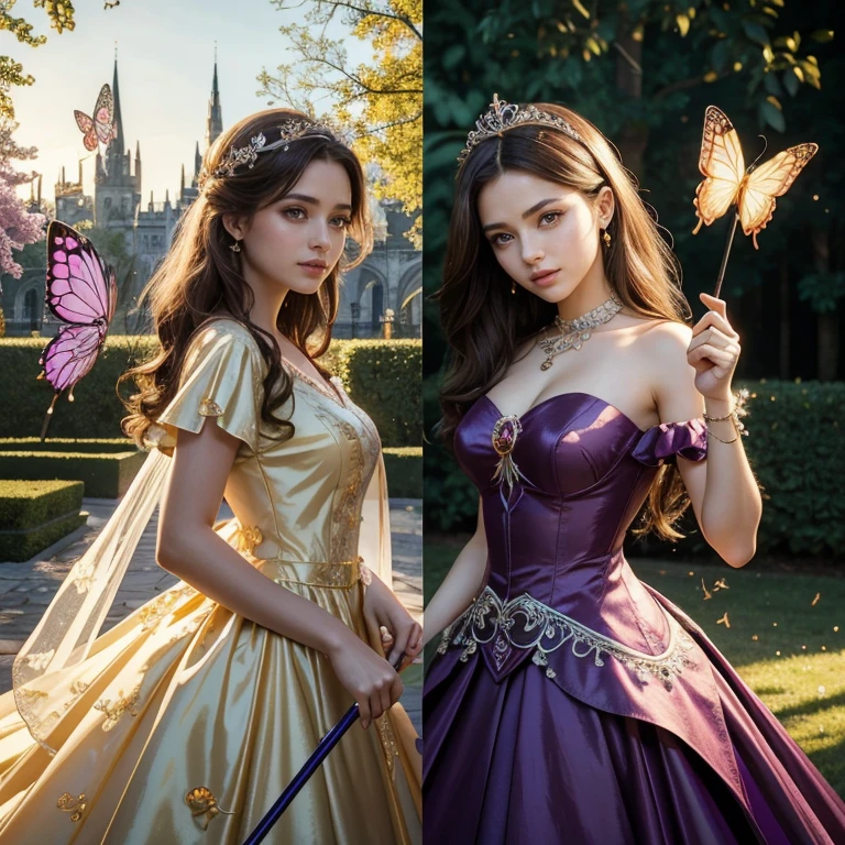(​masterpiece, best quality:1.5), highest quality, High resolution, super detailed, Realists, Upper body photo of a brunette young magical girl, detailed and beautiful eyes, beautiful detailed lips, very detailed eyes and face, longeyelashes, shiny satin dress, Holding a magic wand in your hand, Cast a transformation spell, With her stick she turns the spiders into butterflies, Glowing wands available,Beautiful and colorful makeup, elegant and noble々The jewelry bag, Gardens as background, soft daylight, bright colors, fine brushstrokes, Portrait style, Silk dress fabric, beautiful color palette, glowing skin, First-class rendering, that captures every detail, enchanting atmosphere, subtle shadows and lights, (perfect anatomy:1.2), (The two stunning magical girls transform spiders into butterflies. (a transformation with the magic wand:1.4), (magnificent panorama view:1.2)
