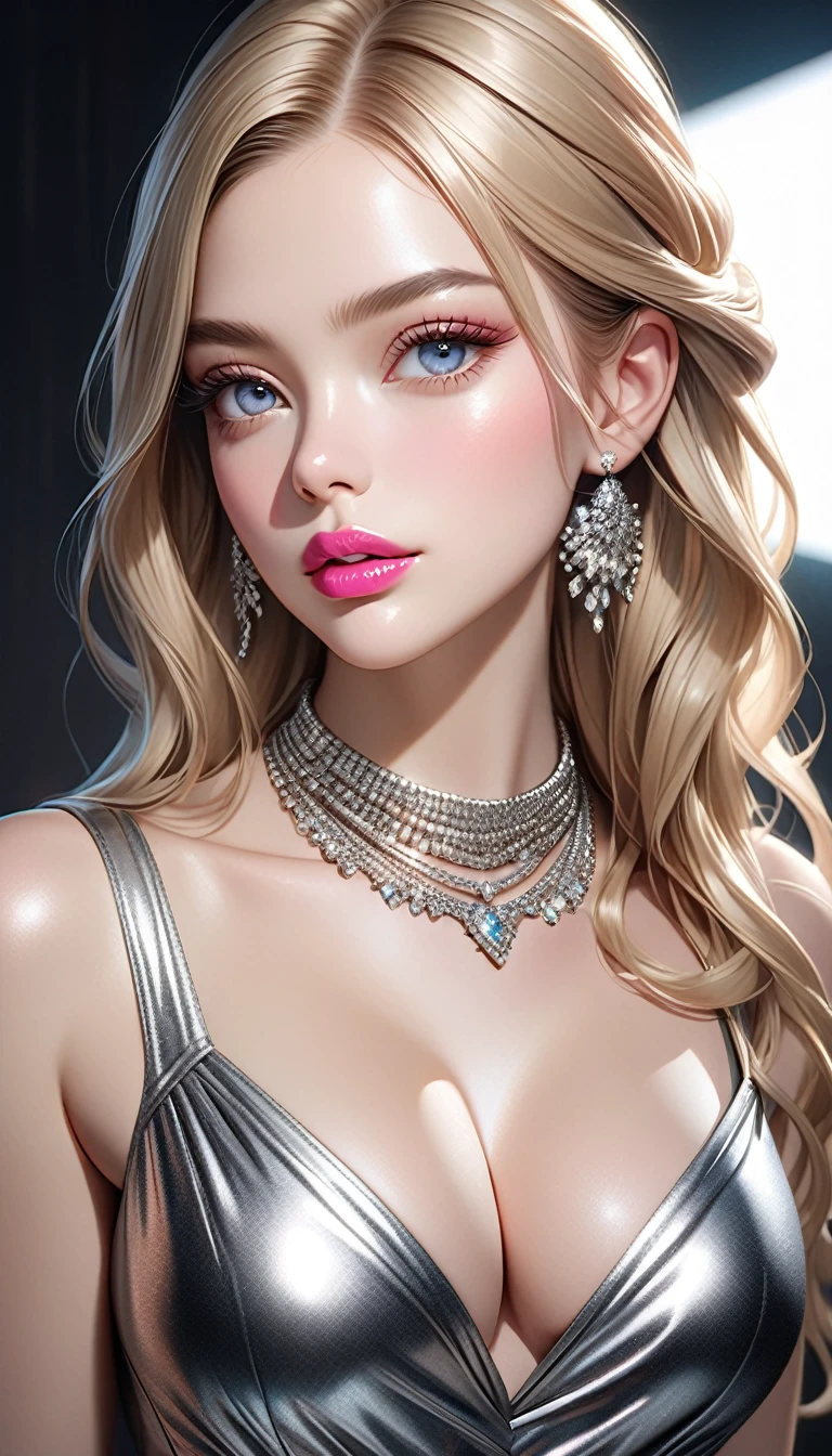 a stylish girl, long blonde hair, beautiful detailed eyes, beautiful detailed lips, extremely detailed face, long eyelashes, glossy lips surface, vibrant pink lips, shiny silver tight dress, cleavage, diamond necklace, photorealistic, 8k, (best quality:1.2), hyper detailed, (realistic:1.37), elegant, chic, modern, studio lighting, cinematic,