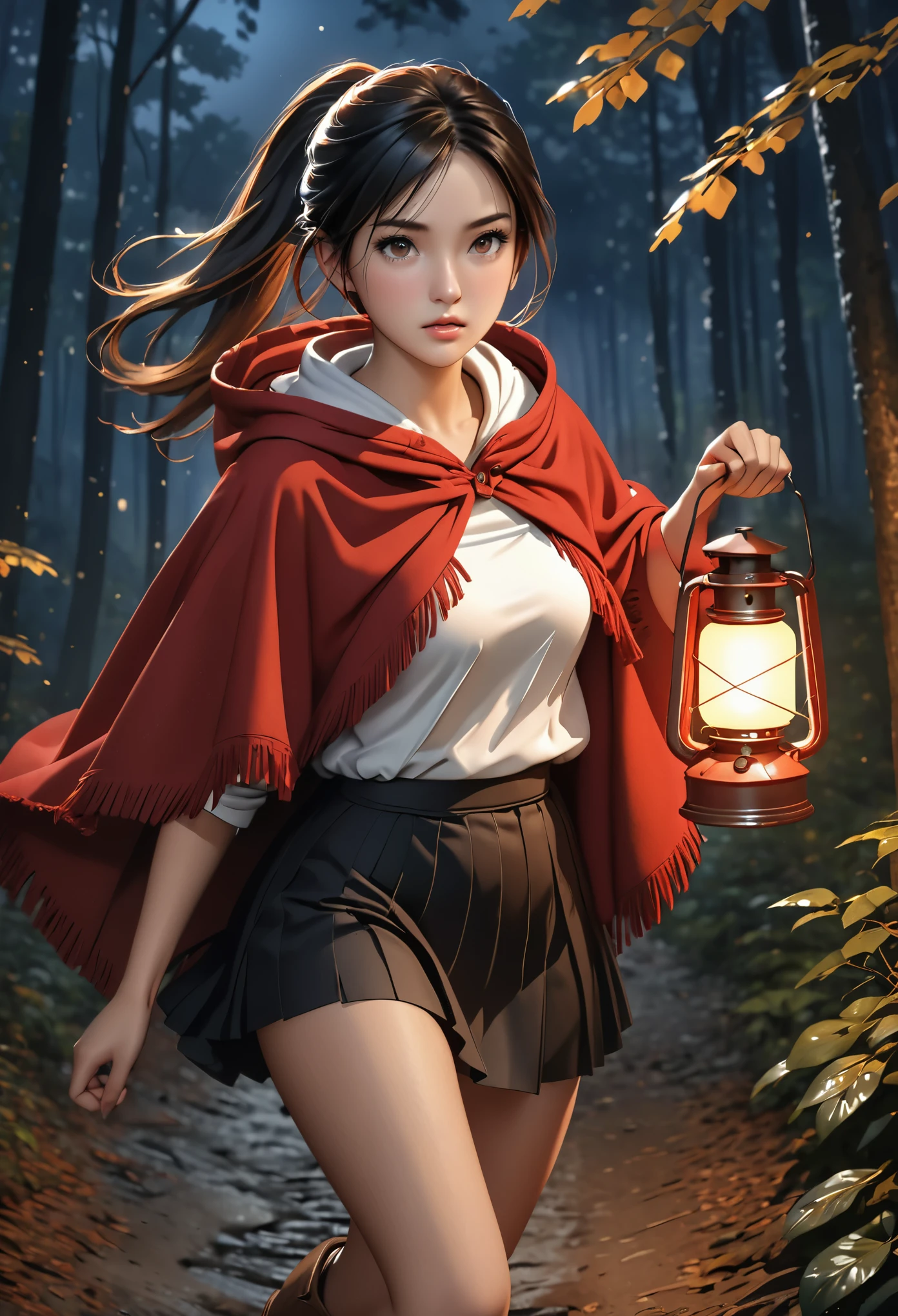 (young woman:1.5), (red poncho with hood, brown boots, white top and black skirt), long black hair with ponytail, brown eyes, (anxious), detailed skin texture, (realistic skin pores, skin impurities:1.4), running in a forest by night, she holds a lantern in her right hand, 24k resolution, highly detailed, (natural front light:0.5), (full body shot:1.3), (realistic style:1.5)
