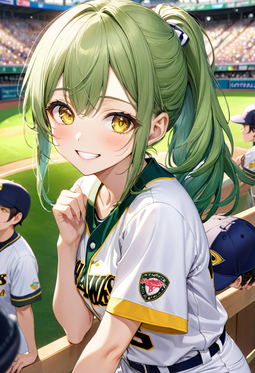  (Professional baseball style) (holding hando on baseball), (15 yo, a beautiful ponytail green hair long hair) (beautiful Professional baseball pitcher girl) (detailed cute yellow eyes, grin smile), (in a Fukuoka SoftBank Hawks uniform), break, in the Pitcher's Mound of Fukuoka Dome Stadium, background Large crowd, BREAK, perfect ???????, masterpiece, best quality, 16k, beautiful detailed grow, daydreaming expression.