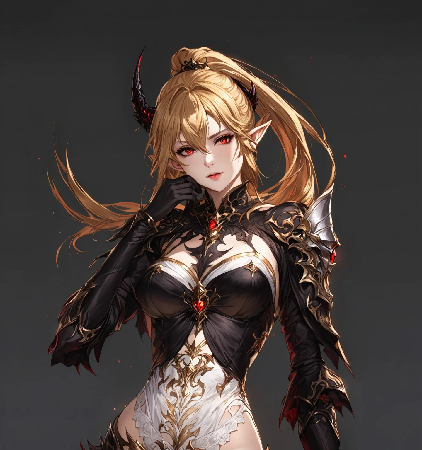 masterpiece, best quality, good quality, Highly detailed, shadowverse style, female, elf, red eyes, demonic, adult, black eyeshadow, earring

