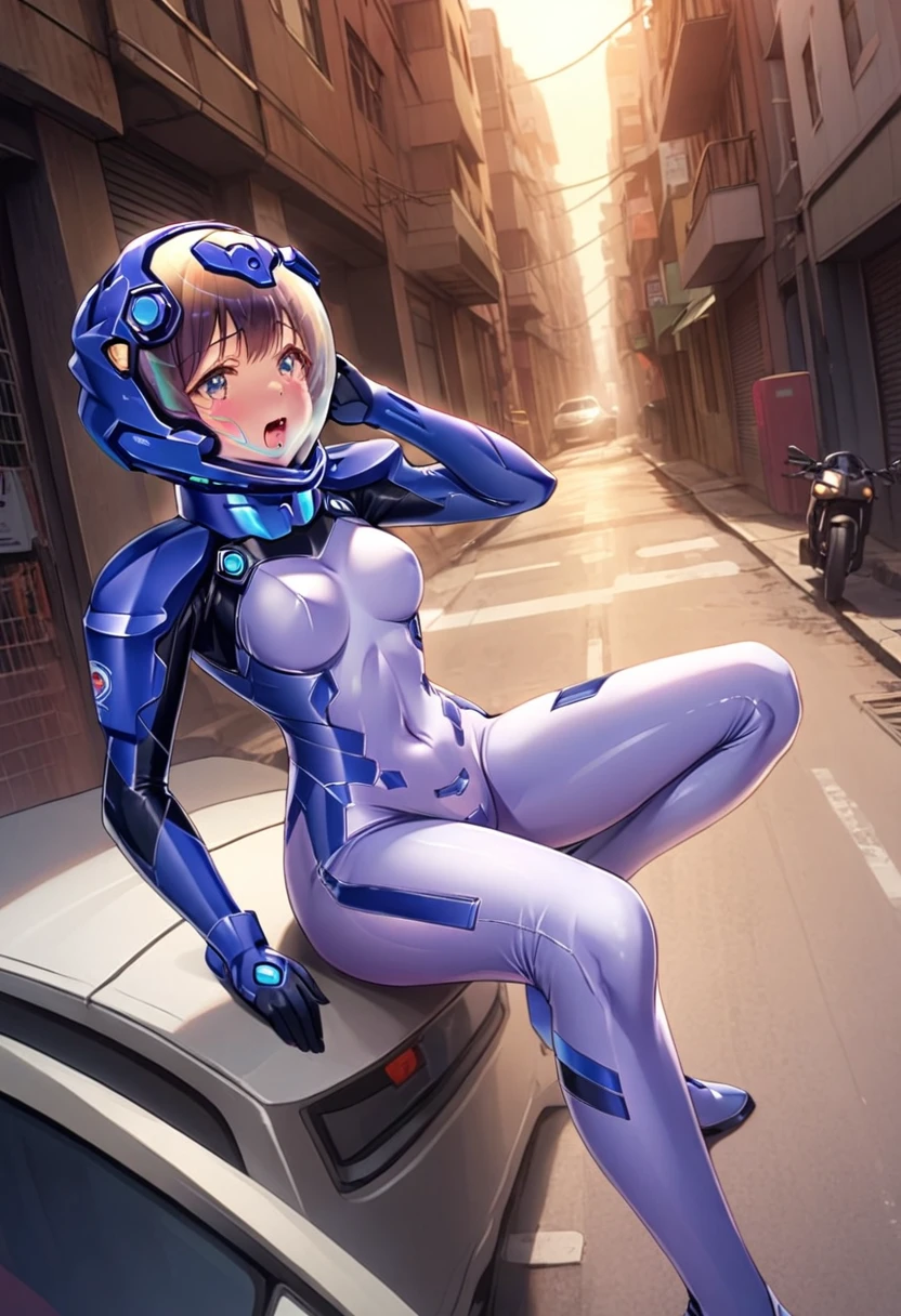 short hair, street, emo, BLACK hair, white eyes, eyeliner, apocalypse, (astronaut, girl, road, city, fortified suit, ((blue:1.5) plugsuit), short hair, outdoors, cinematic light, medium breasts, covered navel, space helmet, muvluv, space helm, eva helmet,[legs bent, ,ahegao, rolling eyes,saliva, drooling, sweat, trembling, HARD TO BREATH,, (hands up:1.6), (holding head:1.7)