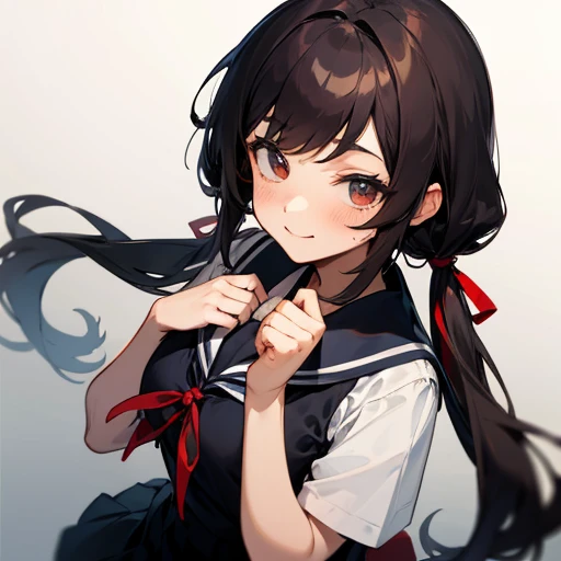 1girl, 16yo,
standing,
(hands in front of chest:1.2), (bend arms), (fist pump in front), palm of hands,
(thrilled expression:1.2), (excited expression),
excited smile,
closed mouth, chestnut mouth,
black hair, very long hair, (low twintails), low pigtails, red ribbon in hair,
navy-blue collar, white serafuku with blue ribbon, navy-blue skirt,
(dark brown eye),
upper body,
afternoon, summer,
from front,
from above,
high brightness, detailed face, detailed eyes,
(high quality, ultra detailed, masterpiece, super detail, highres, anatomically correct, UHD),
Japanese anime style, extremely cute, good hands, good fingers