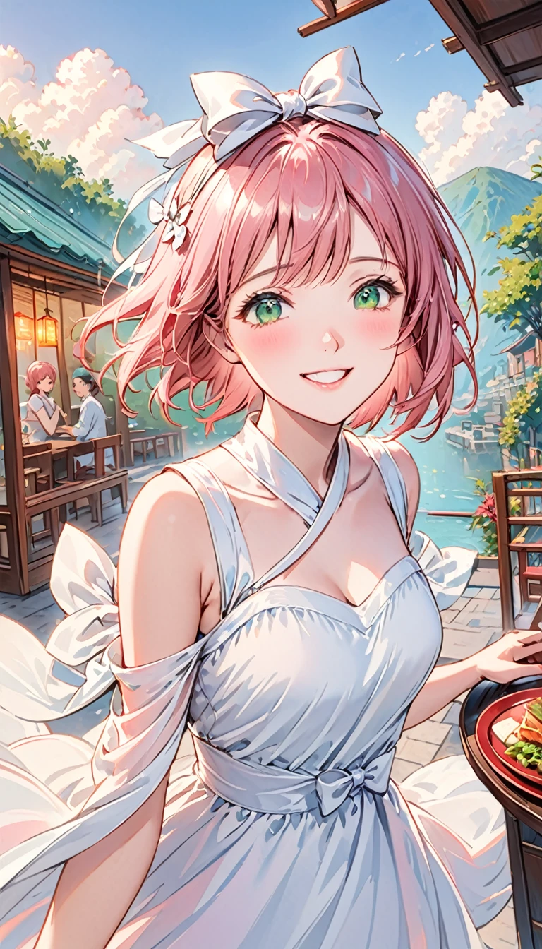 Short pink hair,Green eyes,1 girl,White Dress,There is a white bow on the head,floating long dress,上Half Body,Facing the camera,Happy expression,Joyful atmosphere,Close-up of face,HD face,high quality,Open-air restaurant,Half Body,clear,