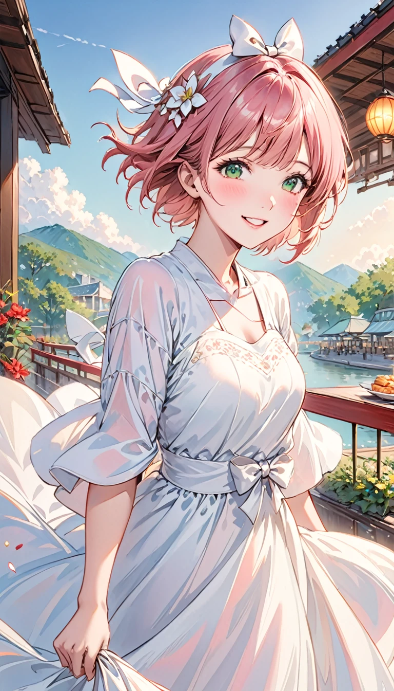 Short pink hair,Green eyes,1 girl,White Dress,There is a white bow on the head,floating long dress,上Half Body,Facing the camera,Happy expression,Joyful atmosphere,Close-up of face,HD face,high quality,Open-air restaurant,Half Body,clear,