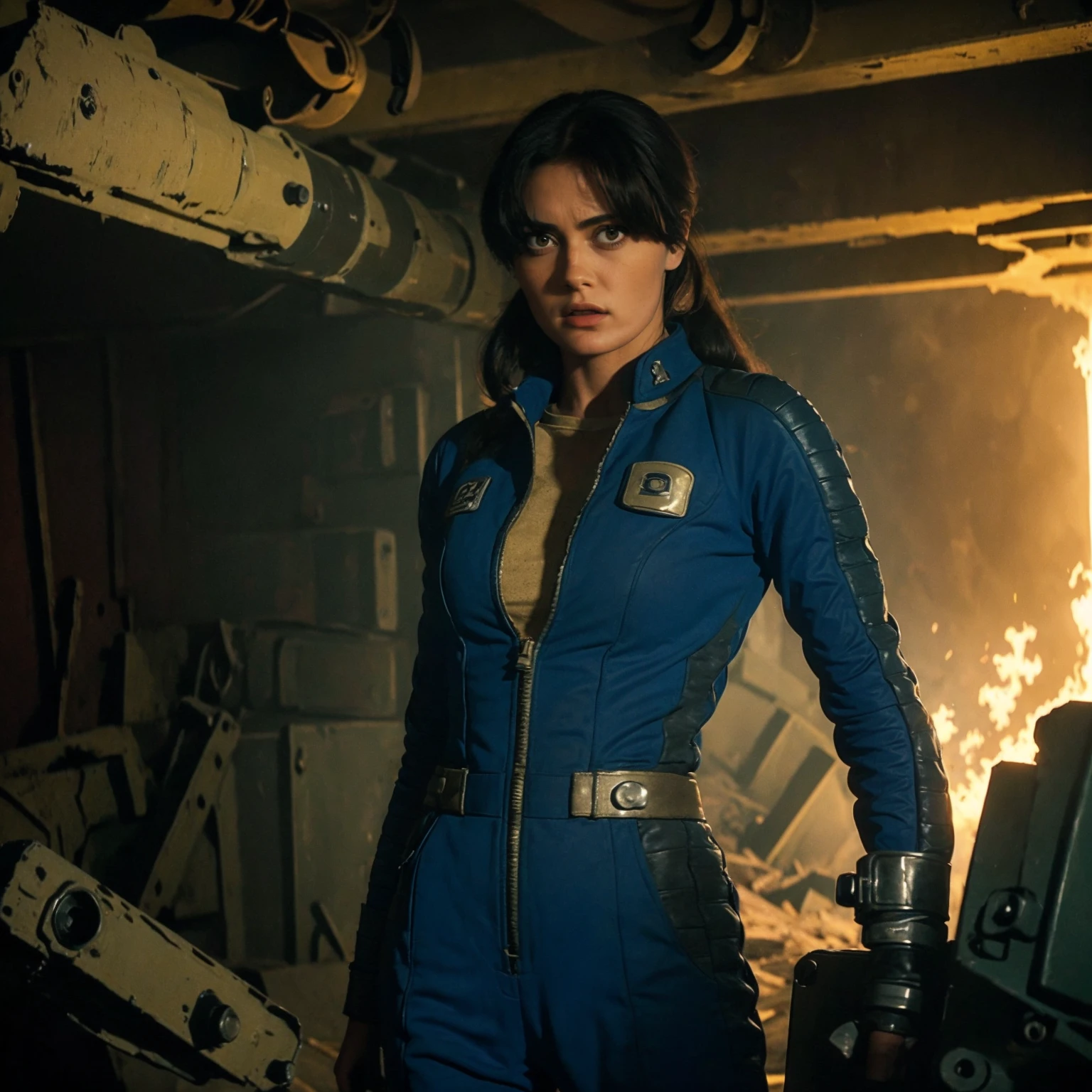 (One person). Fallout TV series. Inside a dimly lit large wreaked smoky room in a post-apocalyptic (casino) in Las Vegas. Vaultsuit Lucy, a 25 year-old vault dweller wearing a blue and gold vaultsuit unzipped top with bloodstains on the t-shirt underneath, her black hair disheveled, with a large ((gun)) in her hand, standing ready to defend herself.  Dark room with smoke and small fires in the rubble. Menacing shadows. Dramatic. Cinematic. realistic colors, realistic, photo-realistic. 