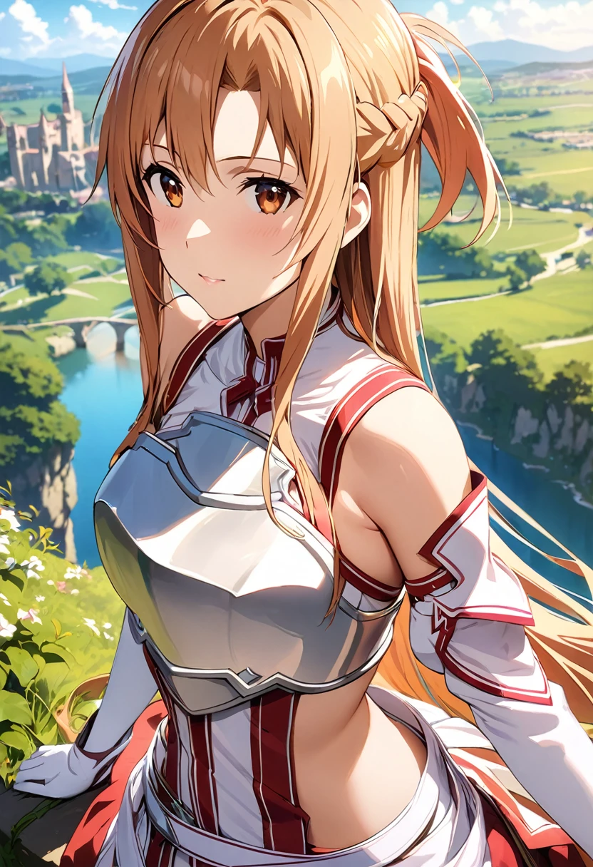 ((masterpiece)), Highest quality, Very detailed,(One Girl),Yuki Asuna、Asuna (Stacia), brown eyes, bare shoulders, breastplate, armor, detached sleeves, gloves, white gloves, dress, (red and white dress), Long Hair, Beautiful background ,Clothing, chest,