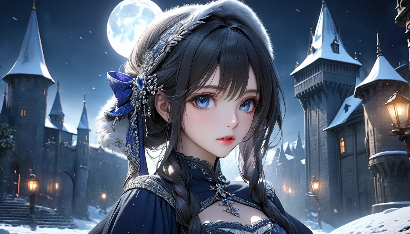 intricate snow-covered medieval castle, moonlit night, anime style, highly detailed, cinematic lighting, moody atmosphere, dark fantasy, 1girl, beautiful detailed eyes, beautiful detailed lips, extremely detailed face and features, long eyelashes, elegant dress, mysterious expression, (best quality,4k,8k,highres,masterpiece:1.2),ultra-detailed,(realistic,photorealistic,photo-realistic:1.37),dynamic composition