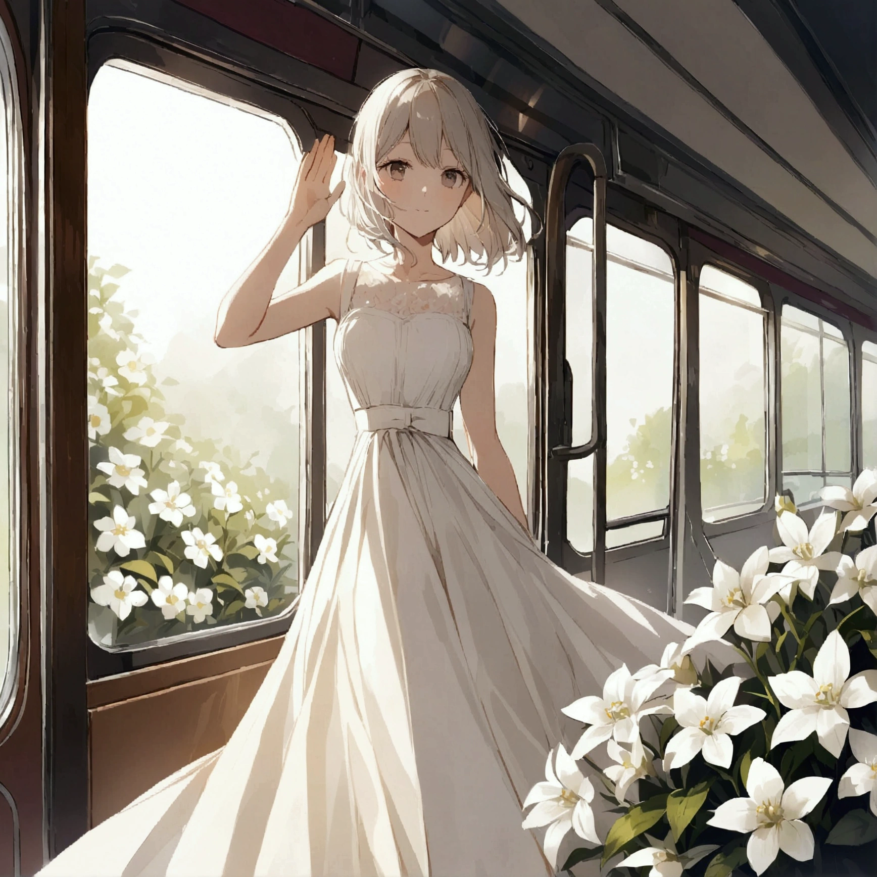 A woman riding alone on a train waving from the window Nostalgic Farewell Simple White flowers