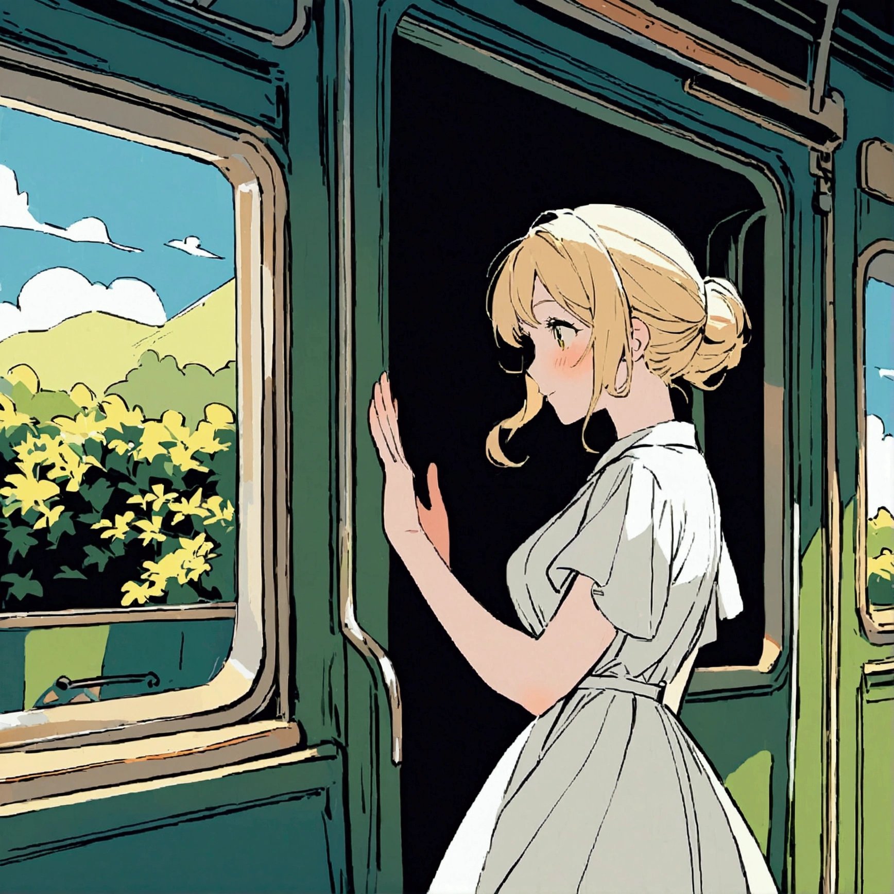 A woman riding alone on a train waving from the window Nostalgic Farewell Simple White flowers