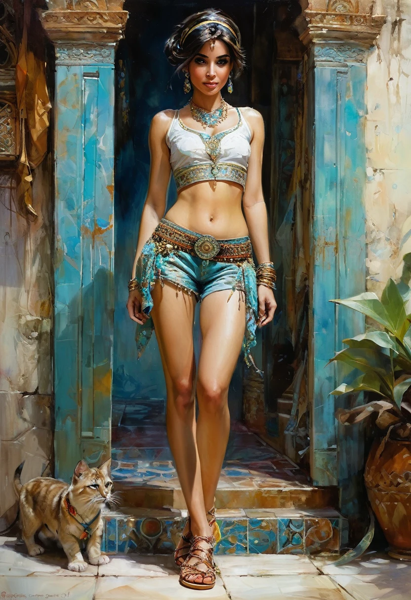 Disney's Princess Jasmine, in short shorts and crop top, arab slippers, Arabian, full body, masterpiece, short hair, intricate details, hyper detailed, Jean Baptiste Monge, Carne Griffiths, Michael Garmash, seb mckinnon, Michael Garmash, Seb Mckinnon,
