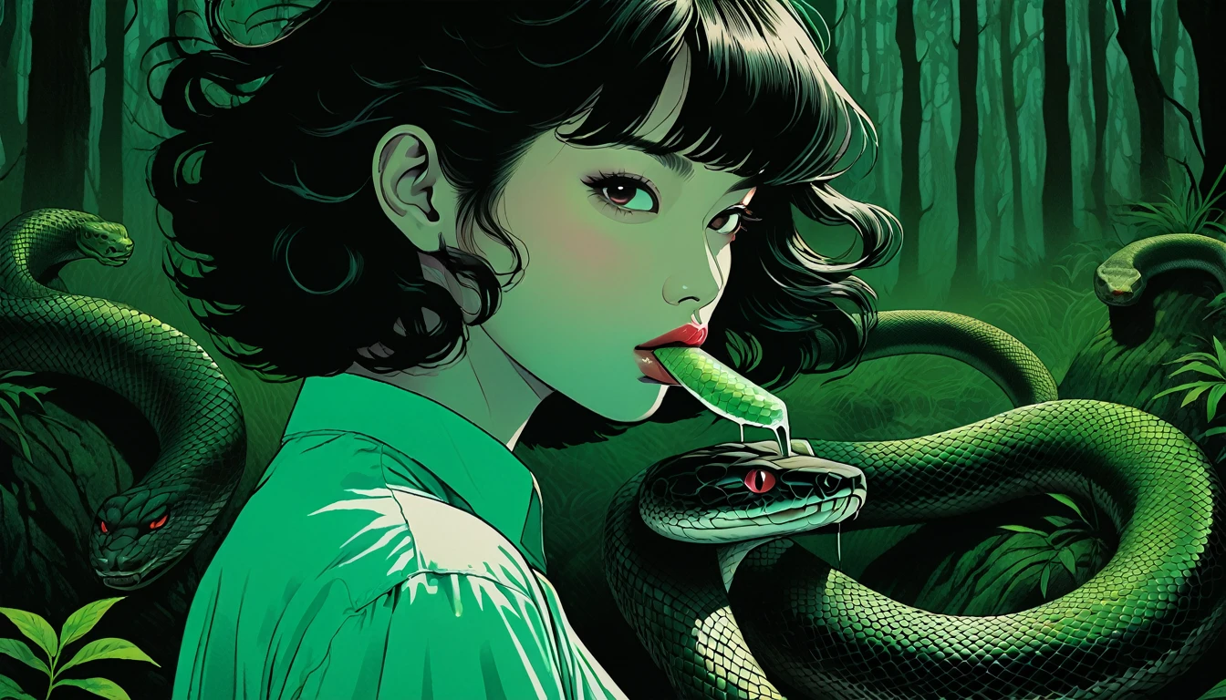 An illustration、art、80s Thai horror movie poster, Supervised by Junji Ito、(forest:1.2)、expensive 、Attention to detail, Realistic Shadows、Analog Style, chromatic aberration, Surrealism、Complementary Gradient、A woman with snake hair drinking Islay malt