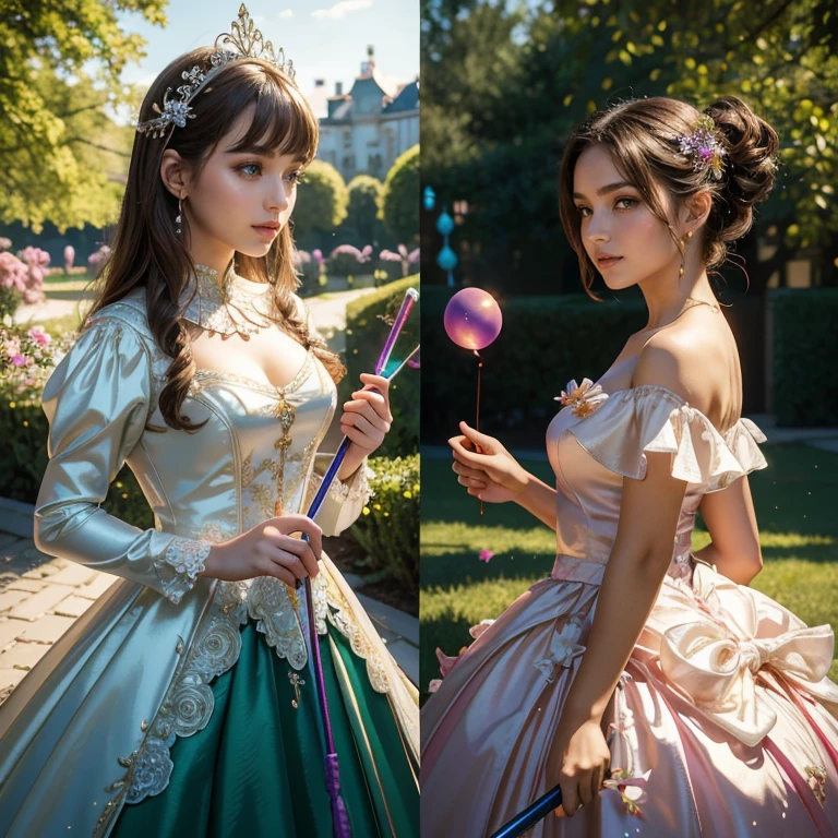 (masterpiece, best quality:1.5), highest quality, High resolution, super detailed, Realists, Upper body photo of a brunette young magical girl, detailed and beautiful eyes, beautiful detailed lips, very detailed eyes and face, longeyelashes, shiny satin dress, Holding a magic wand in your hand, Cast a transformation spell, With her stick she turns flowers into balloons, Glowing wands available,Beautiful and colorful makeup, elegant and noble々The jewelry bag, Gardens as background, soft daylight, bright colors, fine brushstrokes, Portrait style, Silk dress fabric, beautiful color palette, glowing skin, First-class rendering, that captures every detail, enchanting atmosphere, subtle shadows and lights, (perfect anatomy:1.2), (The two stunning magical girls transform flowers into balloons. (a transformation with the magic wand:1.4), (magnificent panorama view:1.2)