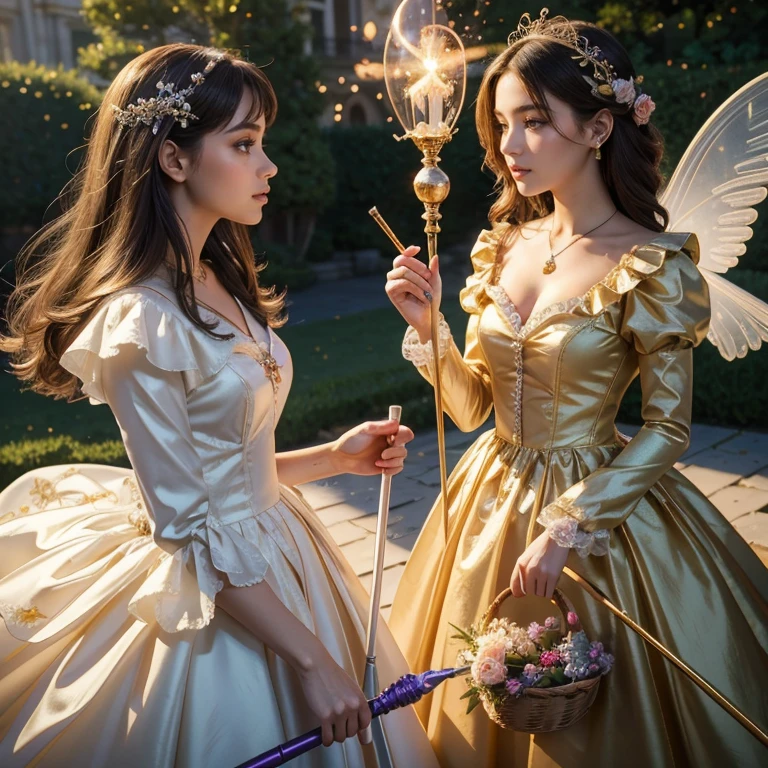 (masterpiece, best quality:1.5), highest quality, High resolution, super detailed, Realists, Upper body photo of a brunette young magical girl, detailed and beautiful eyes, beautiful detailed lips, very detailed eyes and face, longeyelashes, shiny satin dress, Holding a magic wand in your hand, Cast a transformation spell, With her stick she turns flowers into balloons, Glowing wands available,Beautiful and colorful makeup, elegant and noble々The jewelry bag, Gardens as background, soft daylight, bright colors, fine brushstrokes, Portrait style, Silk dress fabric, beautiful color palette, glowing skin, First-class rendering, that captures every detail, enchanting atmosphere, subtle shadows and lights, (perfect anatomy:1.2), (The two stunning magical girls transform flowers into balloons. (a transformation with the magic wand:1.4), (magnificent panorama view:1.2)