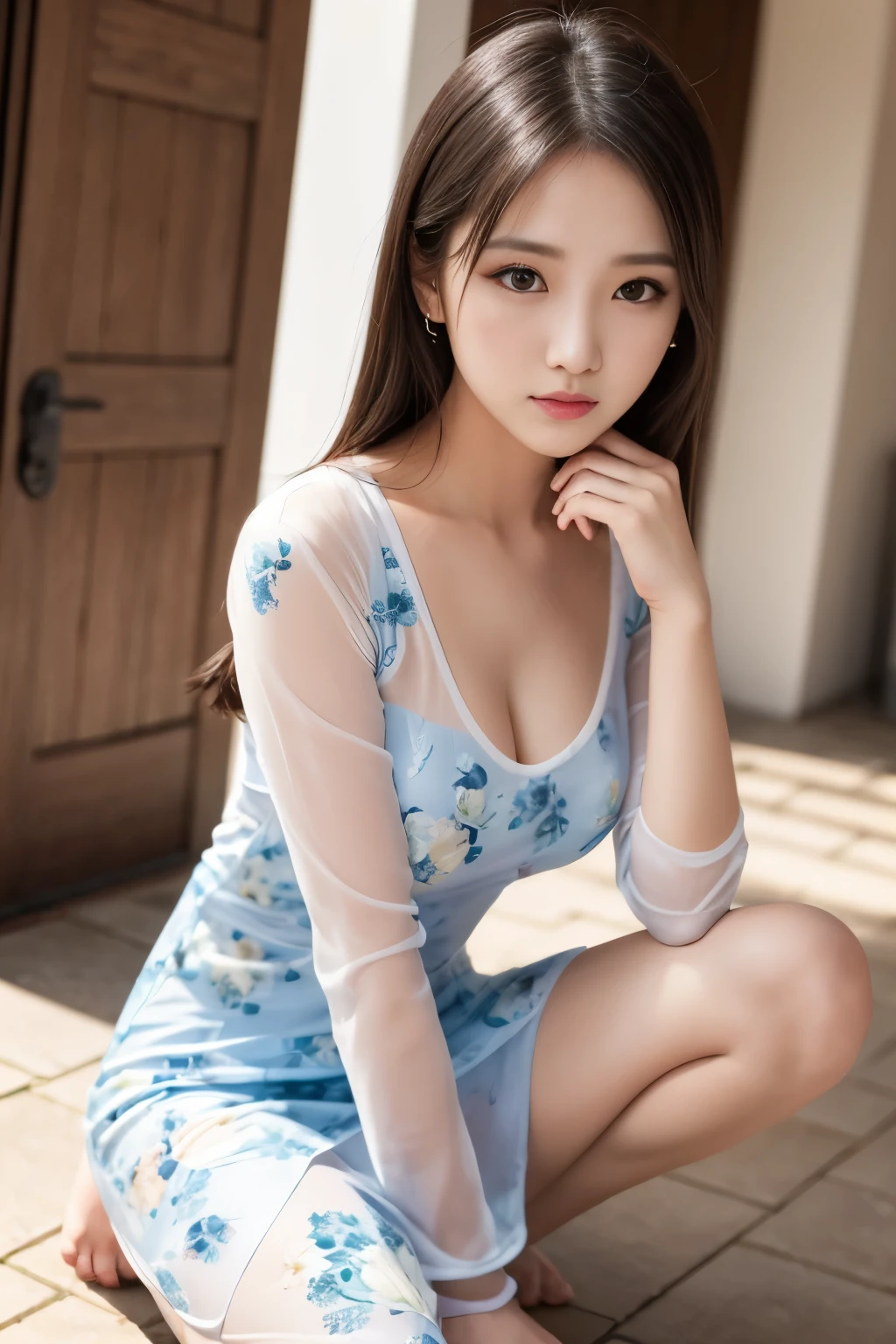 (Drooping eyes, Realistic skin, Round Face), , ((Full transparency) Nude Weg Floral Pattern See-Through Aodai), Open your legs, squat, external, From the angle from below,