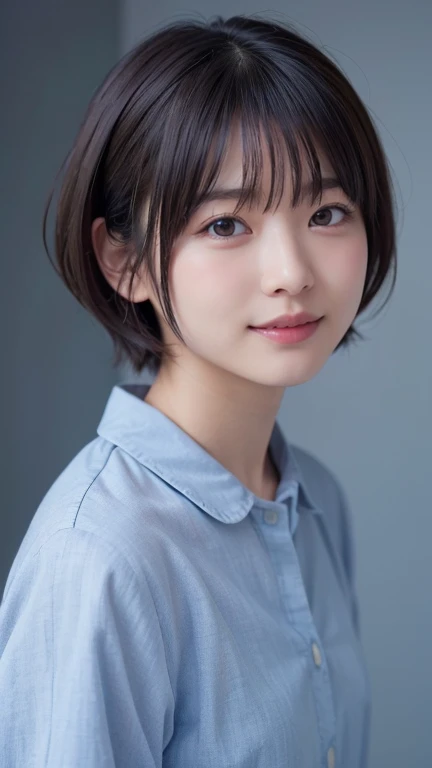 1 very cute girl、12 years old、short hair、Gray Hair、reduce hair volume、Blue background、Upper Body、(head shot:1.5)、Eyes focus、Collared shirt、Laughter、、(8k、RAW Photos、Highest quality、masterpiece:1.2)、(Realistic、Realistic:1.3)、Hmph、The depth of the written world、Wide Light、High Contrast、(Shine:1.4)、chromatic aberration、Sharp focus、Raw color photography、Cinema Lighting、8k解像度、Glimpse