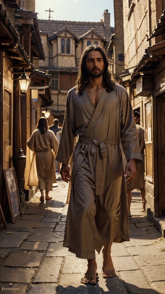 a man in simple robes, jesus, walking through a lively village, curious onlookers, digital painting, illustration, 4k, high quality, detailed, realistic, photorealistic, vibrant colors, warm lighting, intricate background, cinematic composition, dramatic lighting, religious, spiritual