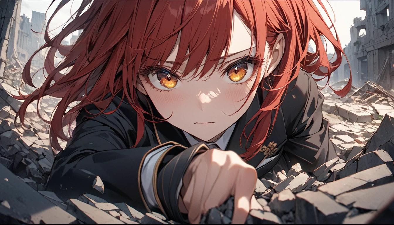 **172. One person。Dramatic confrontation scene。girl。Cowboy shot or close-up。masterpiece, best quality, ultra detailed (Detailed fingers), (Emotional), (main part: 1.2 Whole body。), (Anime Style), (Very detailed), (超High resolution, High resolution), (8k), (High resolution: 1.2), (Complex and beautiful: 1.2)**
- background: Desolate and ruined city、Debris is scattered。
- girl: A delicately drawn black executive suit、Red hair and golden eyes。
-pose: With arms outstretched in the ruins、He looks at me with a slightly sad look in his eyes.。
-expression: A cold expression with a hint of sadness、The gaze reminds me of my old friends.。
- Effects: Light shines through the rubble、Shadows surround her。
-color: The red and gold contrasts vividly against the dark grey background.。